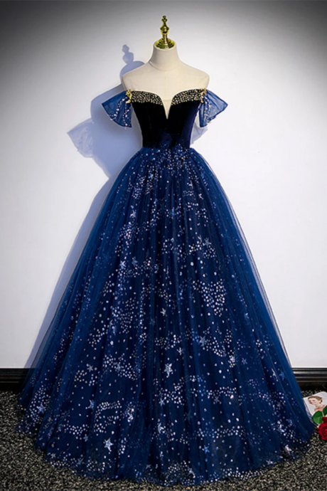 A Line Tulle Off Shoulder Beaded Long Party Dress, Navy Blue Tulle Prom Dress