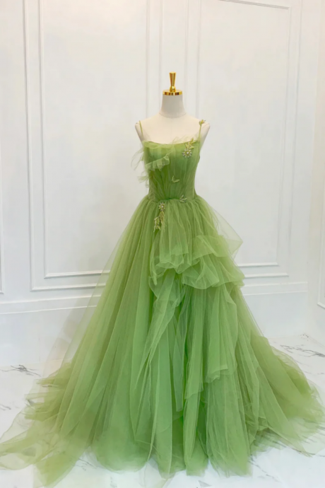 Green Spaghetti Strap Tulle Long Prom Dress, Beautiful A Line Evening Dress