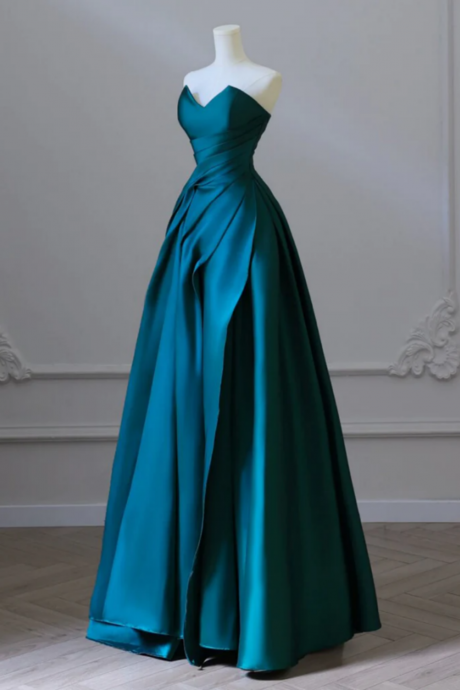 A Line Strapless Satin Peacock Blue Long Prom Dress, Simple Peacock Blue Evening Dress