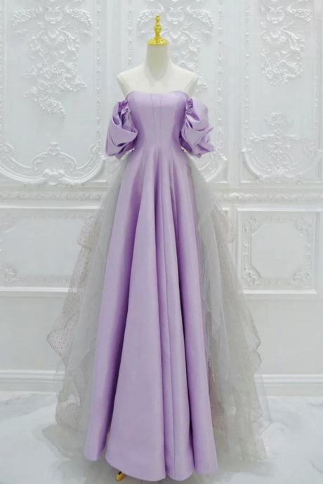 A Line Satin Tulle Purple Long Prom Dress, Tulle Purple Long Formal Dress