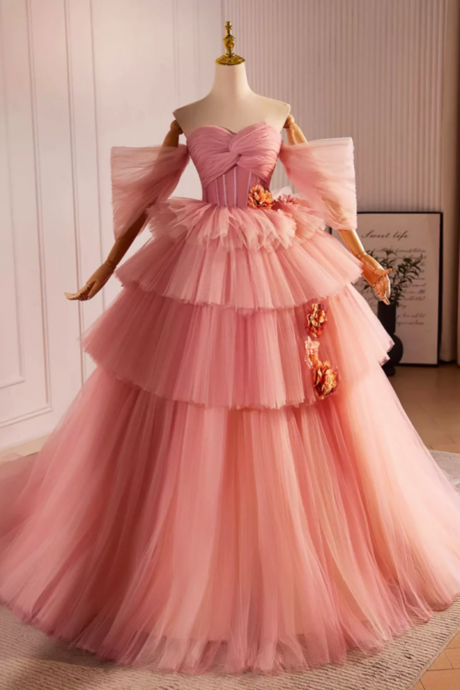Pink Off The Shoulder Long A Line Ball Gown, Beautiful Tulle Layers Sweet 16 Dress