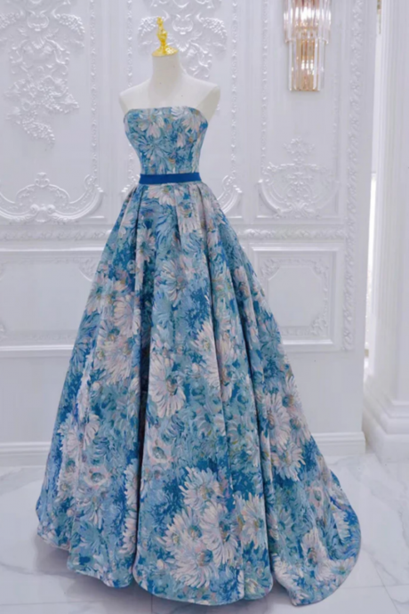 A Line Flower Satin Blue Long Prom Dress, Blue Long Formal Dress