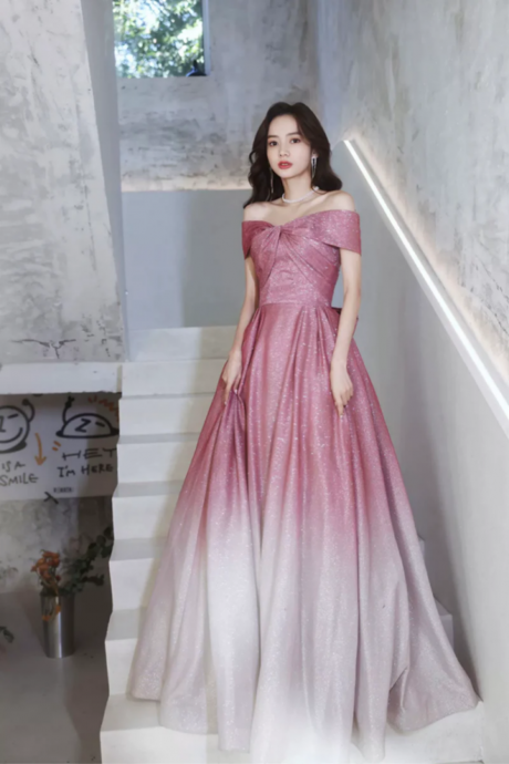 Beautiful Gradient Floor Length A Line Prom Dress, Off The Shoulder Evening Party Dress