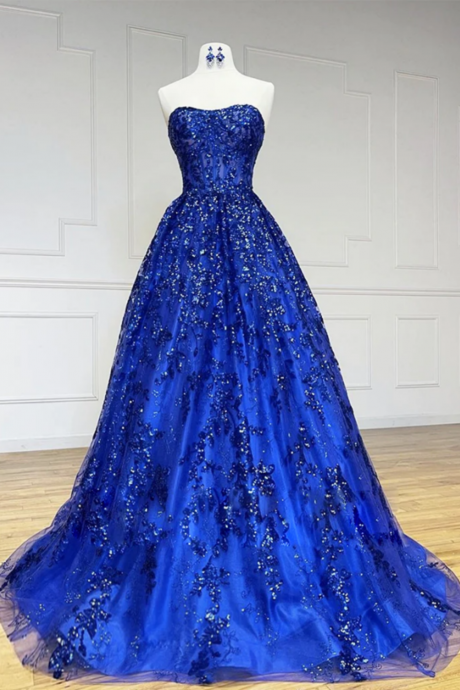 A Line Sweetheart Neck Tulle Sequin Blue Long Prom Dress, Blue Long Formal Dress