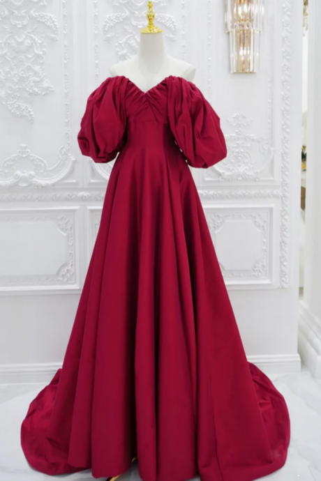 A Line Puff Sleeves Satin Dark Red Long Prom Dress, Dark Red Long Evening Dress