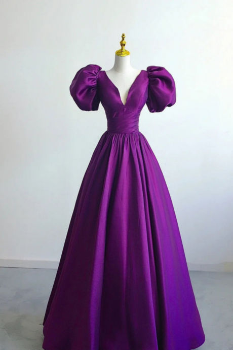 Purple Satin A Line Short Sleeves Long Formal Dress, Purple Evening Dress Prom Dress