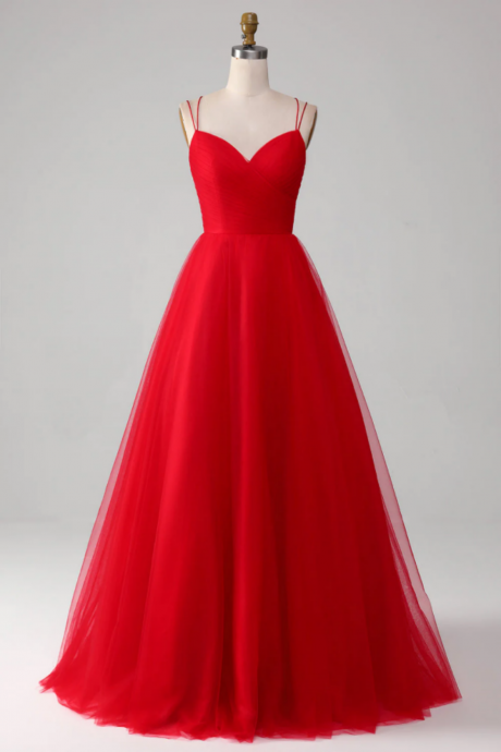 Red Ball Gown Princess V Neck Tulle Pleated Long Prom Dress