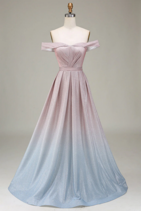 Sparkly Gradient Grey Pink A Line Off The Shoulder Pleated Prom Dress