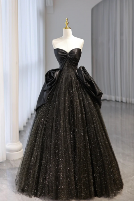 Black Strapless Satin And Tulle Long Prom Dress, Beautiful A Line Evening Party Dress