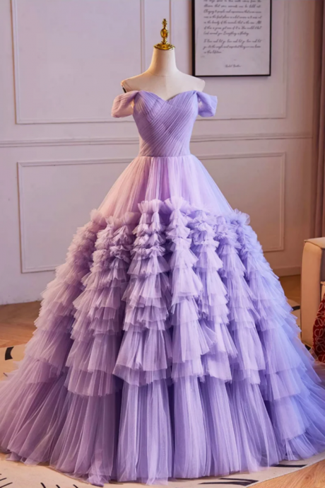Purple Off The Shoulder Tiered Ruffles Long Ball Gown Prom Formal Party Dresses