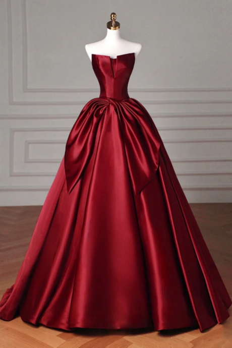 Simple A Line Satin Burgundy Long Prom Dress, Burgundy Long Formal Dress