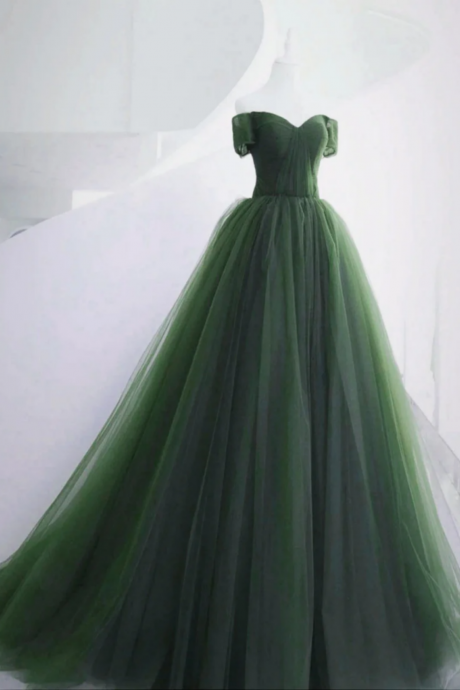 Green Off Shoulder Tulle Sweetheart Long Party Dress, Green Tulle Evening Dress Prom Dress