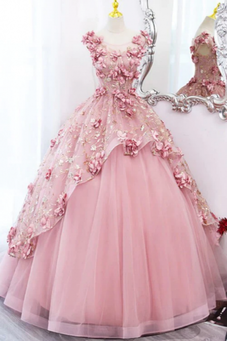 Cute Pink Tulle Long Prom Dress With Flowers Sweet 16 Gown