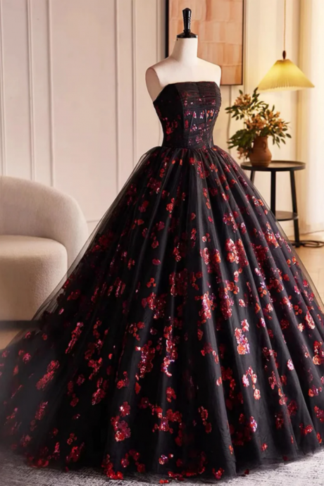 Black And Red Floral Tulle Long Party Dress, Strapless Formal Sweet 16 Dress