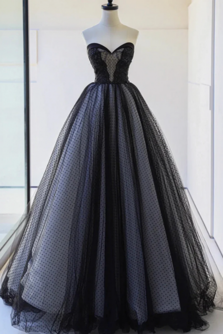 Lovely Black Strapless Tulle Lace Long Prom Dress, A Line Sweetheart Neck Evening Party Dress