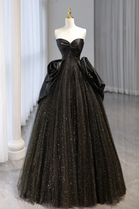 Black Shiny Tulle A Line Prom Dress, Black Unique Evening Dress