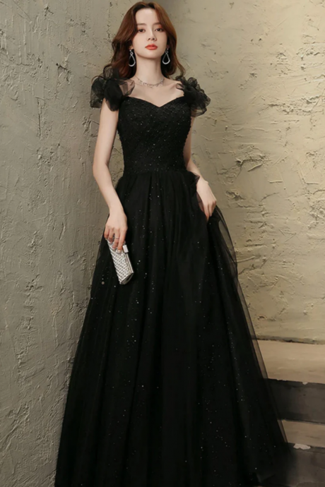 Black Tulle Sweetheart Long Party Dress, Black Beaded Tulle Formal Dress Prom Dress