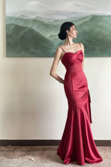 Wine Red Satin Straps Long Evening Dress Prom Dress, Wine Red Party Dress