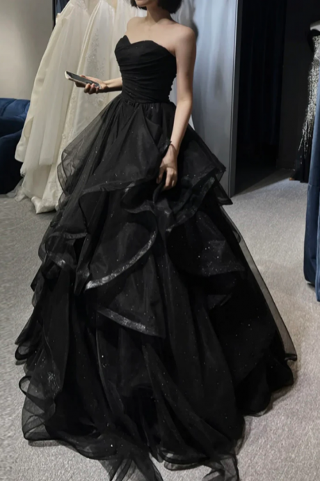 A Line Sweetheart Neck Tulle Long Prom Dress, Black Long Formal Dress