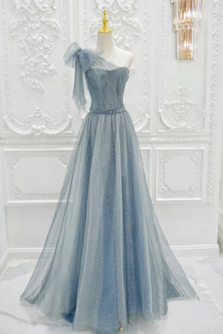 A Line One Shoulder Tulle Sequin Gray Blue Long Prom Dress, Sequin Long Formal Dress