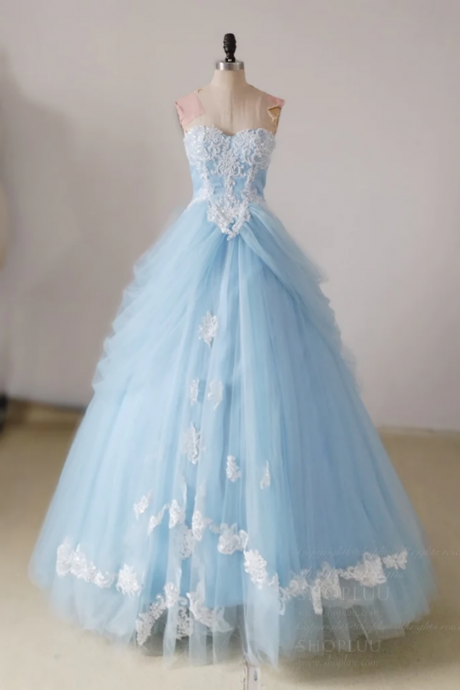A Line Sweetheart Neck Lace Blue Long Prom Dress, Blue Long Sweet 16 Dress