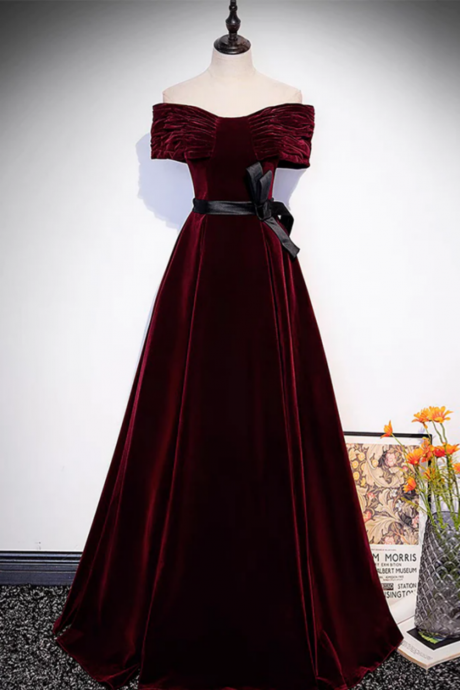 A Line Off Shoulder Velvet Burgundy Long Prom Dress, Burgundy Long Formal Dress