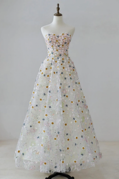 A Line Sweetheart Neck Tulle Lace Flower Long Prom Dress, Long Formal Dress