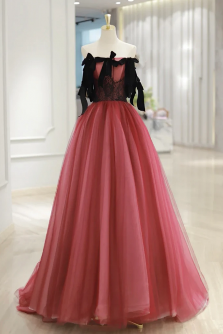 A Line Tulle Watermelon Red Long Prom Dress, Watermelon Red Tulle Long Formal Dress