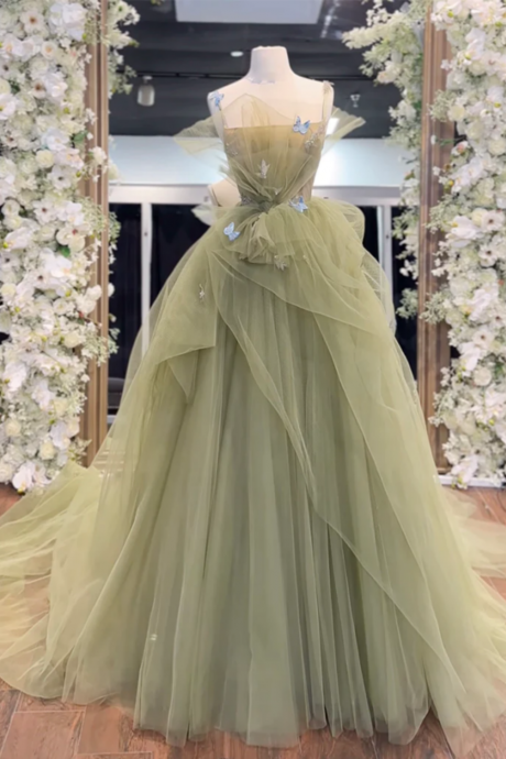 A Line Tulle Green Long Prom Dress, Green Tulle Long Sweet 16 Dress