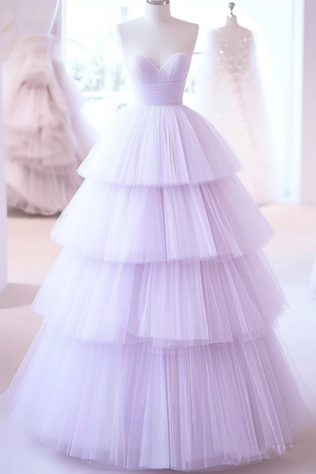 A Line Sweetheart Neck Tulle Purple Long Prom Dress, Purple Long Formal Dress