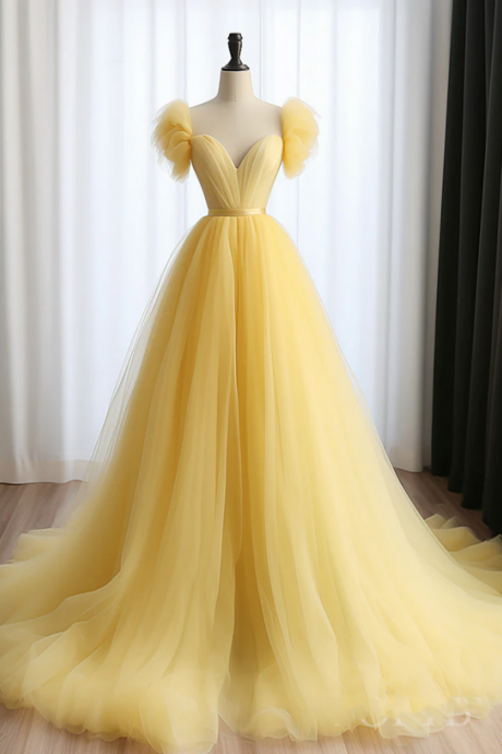 A Line Sweetheart Neck Tulle Yellow Long Prom Dress, Yellow Long Formal Dress