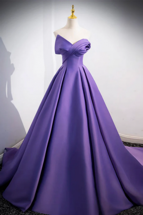 A Line Off Shoulder Satin Purple Long Prom Dress, Purple Long Evening Dress