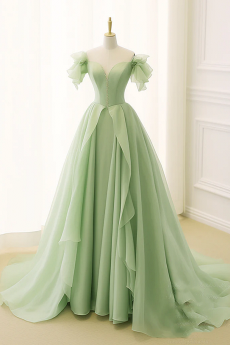 A Line Organza Green Long Prom Dress, Green Long Graduation Dress