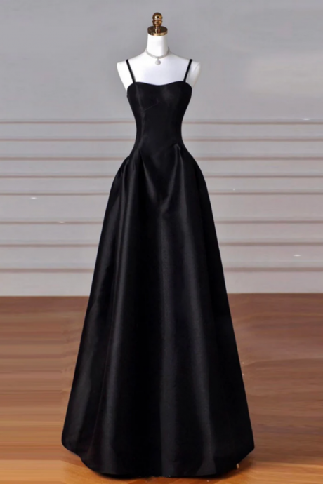 A Line Sweetheart Neck Satin Black Long Prom Dress, Black Long Evening Dress