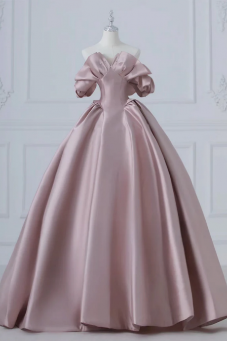 A Line Pink Satin Long Prom Dress, Pink Long Evening Dress