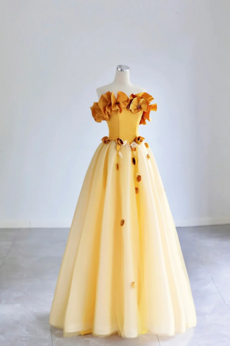Yellow Tulle Applique Long Prom Dress, Off The Shoulder Sleeveless Backless Long Formal Evening Dress