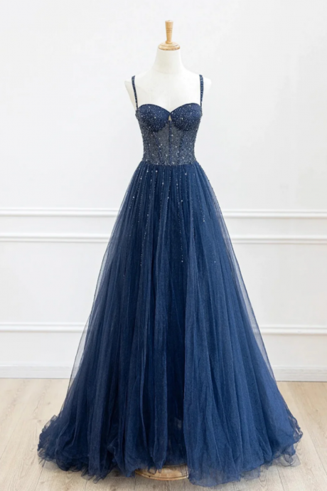 Blue Spaghetti Strap Tulle Sequins Long Prom Dress, Beautiful A Line Evening Party Dress