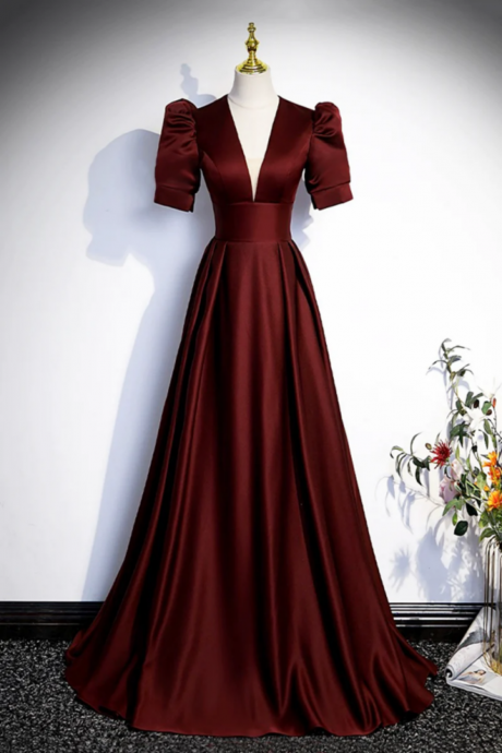 Burgundy V Neck Satin Long Prom Dress, Simple Short Sleeve Evening Party Dress