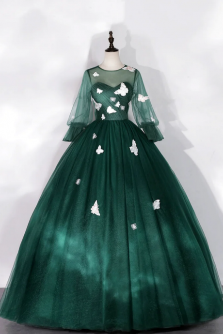 Dark Green Tulle Floor Length Prom Dress With Butterfly Appliques, A Line Long Sleeve Party Dress