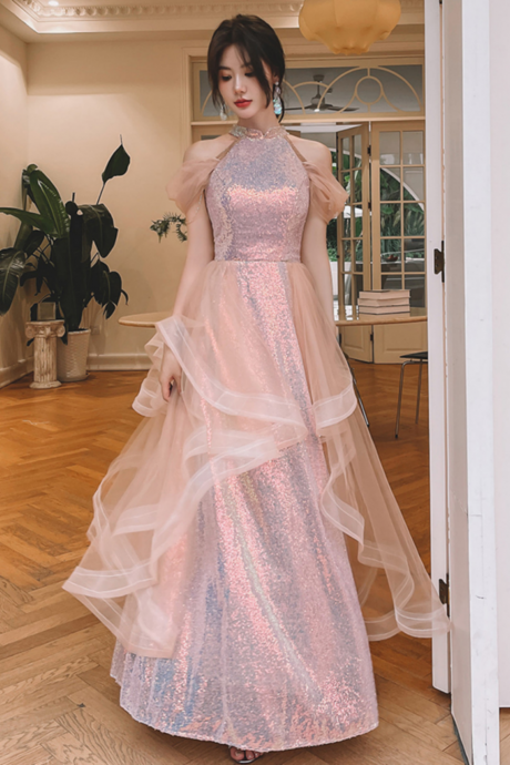 Lovely A Line Sequins And Tulle Pink Long Evening Dress, Pink Tulle Prom Dress
