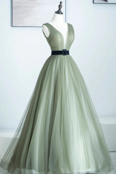 Lovely A Line Light Green V Neckline Tulle Long Prom Dress, Light Green Party Dress