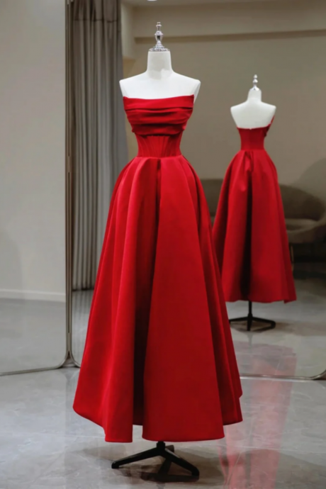 Red Satin Simple Long Party Dress, Red Satin Prom Dress Evening Dress