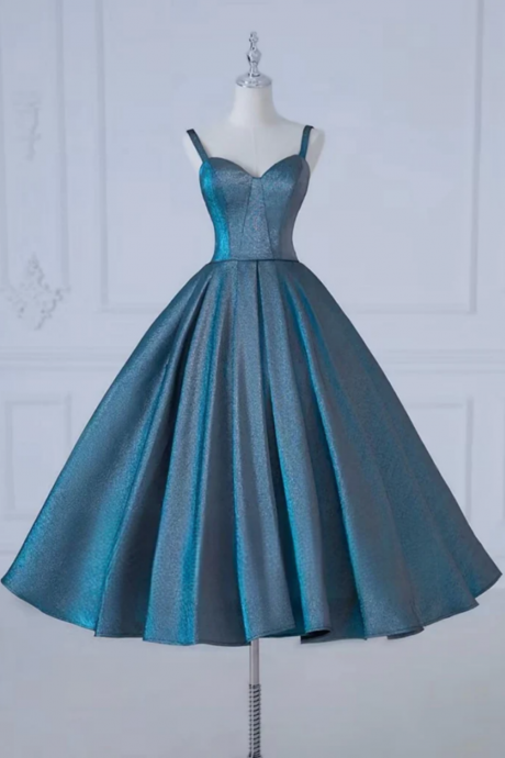 A Line Sweetheart Neck Satin Tea Length Blue Prom Dress, Blue Formal Dress
