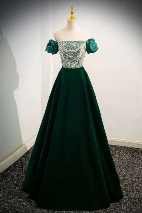 A Line Velvet Sequin Beads Green Long Prom Dress, Green Velvet Long Formal Dress