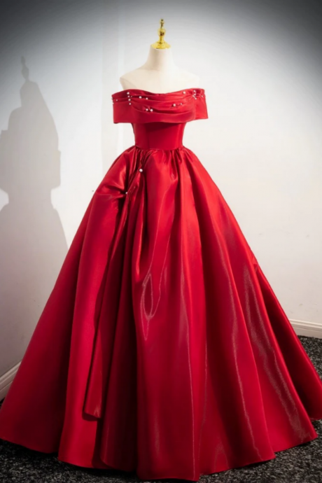 A Line Off Shoulder Satin Red Long Prom Dress, Red Long Evening Dress