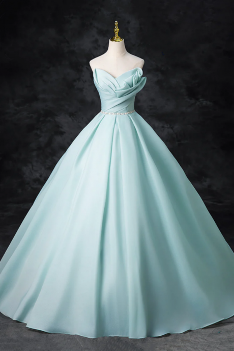 Blue Tulle Floor Length Party Dress, A Line Strapless Formal Evening Dress
