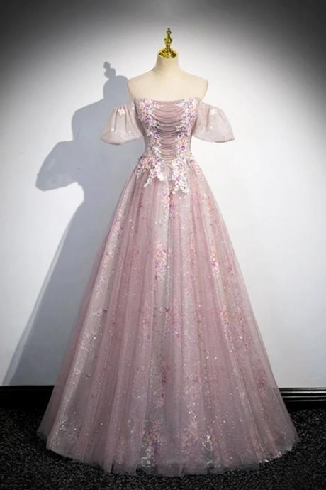 Pink Tulle Lace Long Prom Dress With Beaded, A Line Off The Shoulder Evening Party Dress