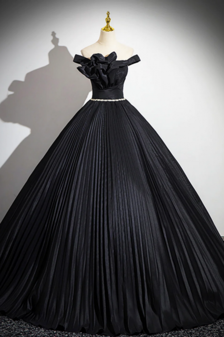 Black Pleated Long A Line Party Gown With Rhinestone Sash, Off The Shoulder Formal Dress