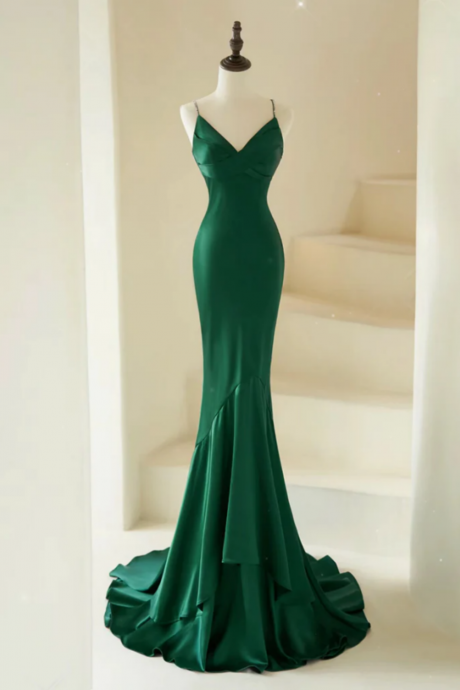 Mermaid V Neck Satin Green Long Prom Dress, Green Satin Long Formal Dress