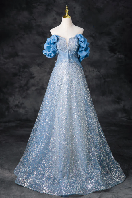 A Line Off Shoulder Sequin Beads Blue Long Prom Dress, Blue Long Evening Dress